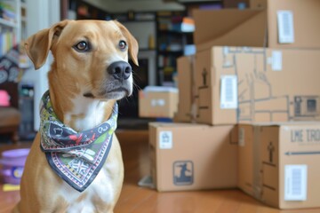 dog wearing a bandana with moving boxes in the background