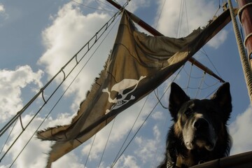 mastiff by mast with flowing pirate flag - obrazy, fototapety, plakaty