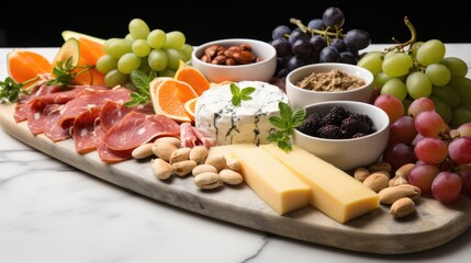 Charcuterie table scene with an assortment of cheeses, meats and appetizers. Above view on a white marble background.