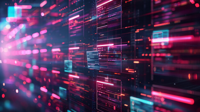 Business document workflow and management. a futuristic sense, showcasing glowing digital data lines and information streaming across a virtual space with vibrant blue and pink hues.