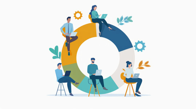 Agile management infographic, A colorful stock illustration depicting a diverse group of individuals engaged in various activities centered around a large, stylized circular chart