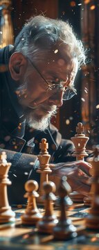 Bring the art of chess to life with a captivating crane shot view of the ChessMaster immersed in the game Focus on the intricate movements and expressions that reveal their strategic mind