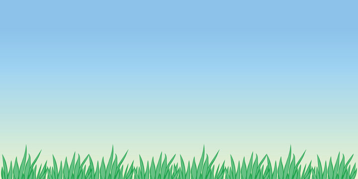 Vector outline green grass isolated on blue sky background. Herbal Border, horizontal bottom edging, lawn panoramic landscape. Template, design element for postcard, illustration.