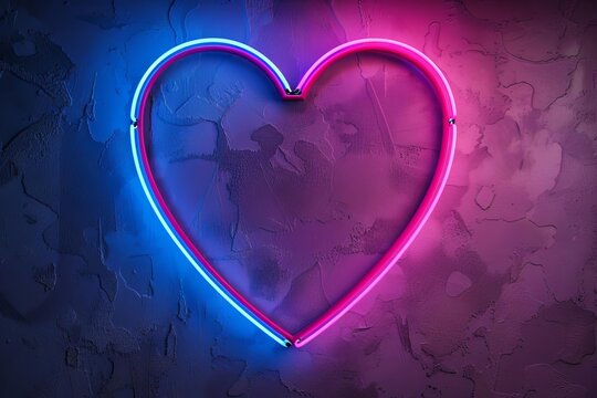 Heart neon sign in pink and blue, futuristic love symbol frame, vibrant colors on dark background, 3D illustration