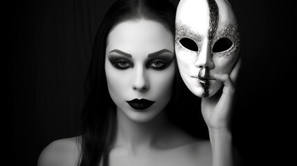 choice of personal growth and self-development, between good and bad, poor and rich, good and evil, woman with black and white masks