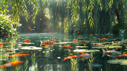 A pond with goldfish swimming among lily pads, surrounded by trees.jpg - Powered by Adobe