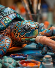a technician hand-painting vibrant designs on a turtle figurine, blending artistry with meticulous detail Showcase the dedication and craftsmanship 
