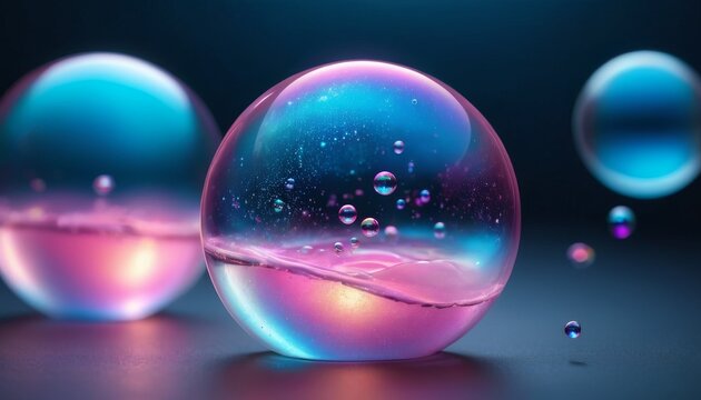 Close-up of colorful, iridescent soap bubbles with a cosmic backdrop, creating a surreal and mesmerizing visual experience