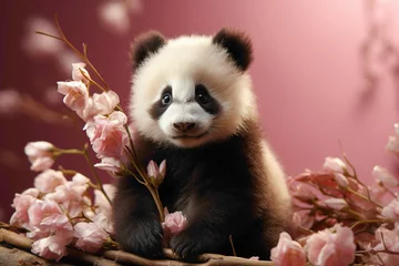 Foto op Plexiglas A baby panda in a pink tutu, enjoying a bamboo snack on a pink background. © Animals