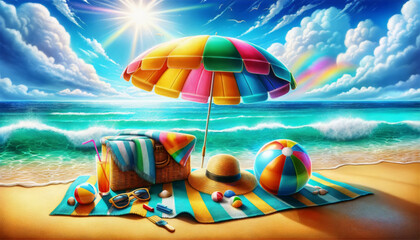vibrant summer scene with a sandy beach, crystal-clear turquoise waters, and a bright blue sky. A colorful beach umbrella, sunglasses on a towel