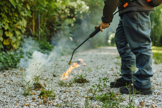 young adult with weed burner torching weeds in gravel path