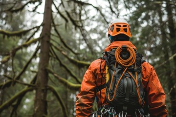 Close-up photo of a professional arborist in an orange jacket with climbing gear on his back, a helmet and rope hanging from the backpack, looking at a dense forest in front of him on a cloudy day. - obrazy, fototapety, plakaty