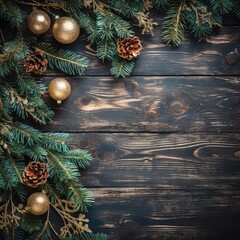 Christmas background. christmas decoration with fir branches on wooden background, top view