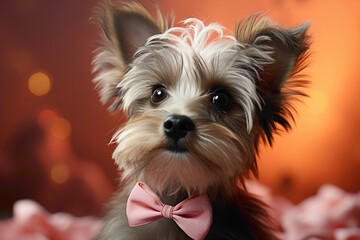 A delightful grey fluffy puppy with a white bow around its neck, looking curious against a soft peach backdrop.