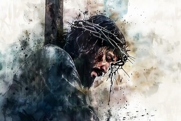 Jesus condemned to death, somber scene from the Passion of Christ, emotive digital watercolor painting - obrazy, fototapety, plakaty