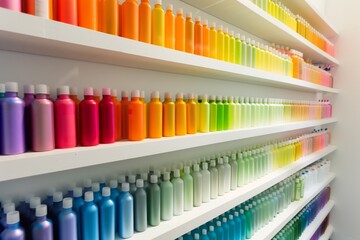 spray bottles sorted by color on white shelves