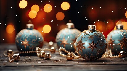 Christmas gold decorations on snow with fir tree branches and christmas lights. Winter Decoration Background