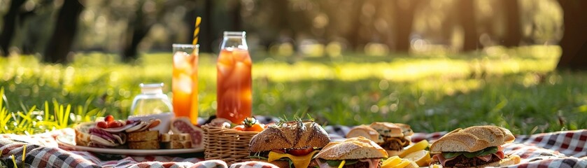  a stylish picnic spread on a checkered blanket in a lush park Highlight gourmet sandwiches, charcuterie, and refreshing drinks Perfect for a summer lifestyle catalogs centerfold