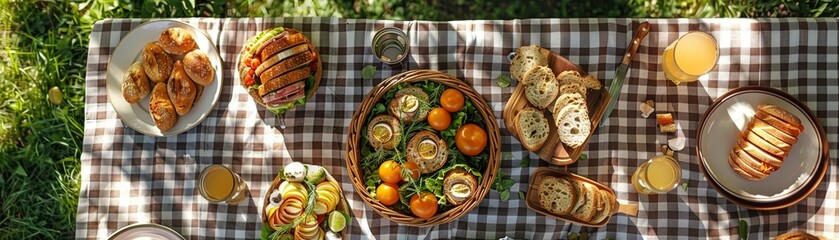  a stylish picnic spread on a checkered blanket in a lush park Highlight gourmet sandwiches, charcuterie, and refreshing drinks Perfect for a summer lifestyle catalogs centerfold - obrazy, fototapety, plakaty