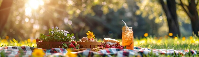 a stylish picnic spread on a checkered blanket in a lush park Highlight gourmet sandwiches, charcuterie, and refreshing drinks Perfect for a summer lifestyle catalogs centerfold - obrazy, fototapety, plakaty