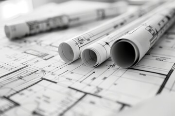 A black and white photo of architectural blueprints with rolled up papers on top, emphasizing the technical details in construction design. The focus is on architectural drawings with lines and symbol