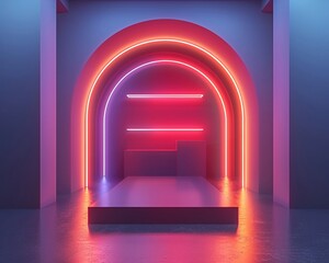 Elevate brand identity with a Dutch angle view of a neon-lit product showcase Highlight the product in a unique and engaging way, adding a touch of modernity and sophistication to the design