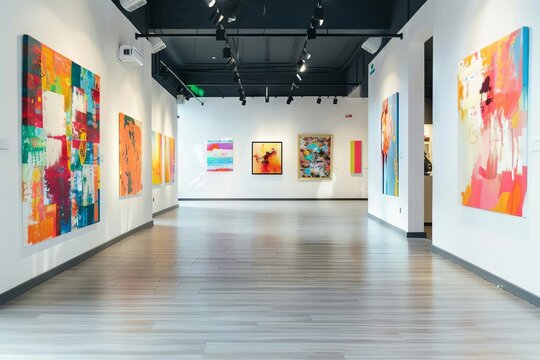 Modern art gallery with white walls adorned by colorful abstract paintings, creating an inspiring and creative atmosphere, interior illustration