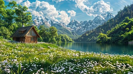 A wooden cabin sits on a grassy hillside near a lake, surrounded by wildflowers.jpg
