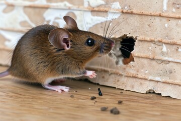 mouse pausing at the edge of a hole in a plastered apartment wall