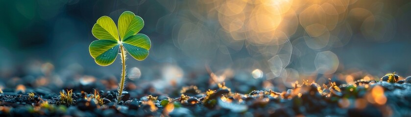 Evoke the feeling of serendipity with a creative twist on a low-angle shot of a four-leaf clover, surrounded by ethereal lighting and a hint of mystery Let the viewer feel the luck radiating - obrazy, fototapety, plakaty
