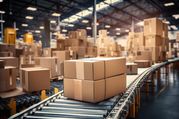 Conveyor belt in a warehouse with several cardboard boxes on it. The boxes appear to be moving along the conveyor belt, likely part of a distribution or shipping process. Generative AI