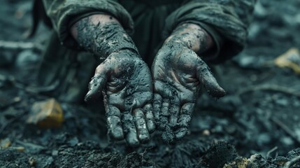 The hands tell a story of resilience, struggle, and survival amidst wreckage and ruin Ensure the details are sharp, conveying a mix of grit and hope in a single frame