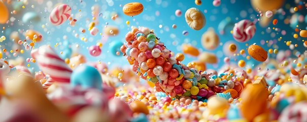 Imagine a whimsical snack avatar presented from a creative tilted angle perspective Use a mix of textures, patterns, and shapes to evoke a sense of excitement and temptation - obrazy, fototapety, plakaty