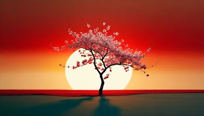 Poster Baksteen tree in the sunset wallpaper national landscape sky vector art background blood, Cherry Blossom, minimalism, Photoshop, red, sun, sunset, HD wallpaper