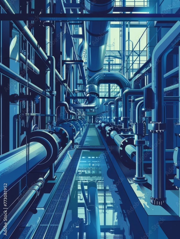 Poster Industrial Factory Pipes and Tubes Complex Engineering System Interior Architecture Modern Blue Design