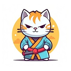 Cute Cat Samurai With Sword Cartoon Vector Icon Illustration. Animal Sport Icon Concept Isolated Premium Vector. Flat Cartoon Style