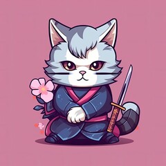 Cute Cat Samurai With Sword Cartoon Vector Icon Illustration. Animal Sport Icon Concept Isolated Premium Vector. Flat Cartoon Style
