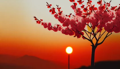 Tuinposter Rood tree in the sunset wallpaper national landscape sky vector art background blood, Cherry Blossom, minimalism, Photoshop, red, sun, sunset, HD wallpaper