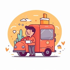Cute Courier Delivery Package Cartoon  Icon Illustration. People Transportation Icon Concept Isolated Premium Vector. Flat Cartoon Style