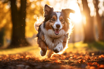 A happy dog runs joyfully across a sunny field, full of playful energy and excitement.