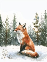 Lone Red Fox Sitting in Snowy Forest Landscape on a Cold Winter Day