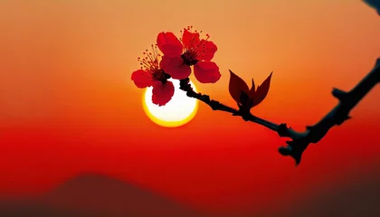 Tuinposter tree in the sunset wallpaper national landscape sky vector art background blood, Cherry Blossom, minimalism, Photoshop, red, sun, sunset, HD wallpaper © Bilal