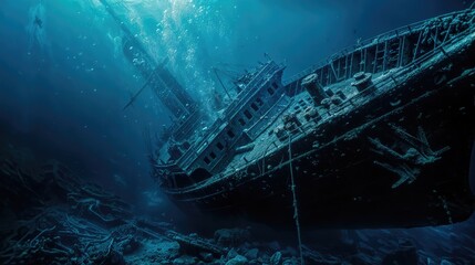 An underwater view of a shipwreck, with the ship lying on its side. The water is blue and there are bubbles rising up. The ship's hull is covered in moss and other sea life.jpg - obrazy, fototapety, plakaty