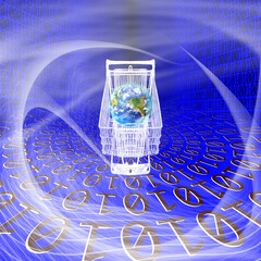 conceptual close up shopping cart with globe of world map over binary code of one and zero. 
