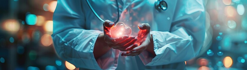  a medical setting Highlight the hands of a healthcare professional holding essential medical equipment with a dramatic lighting effect   - obrazy, fototapety, plakaty