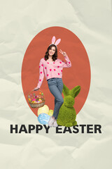 Composite collage image of cute young girl eggs basket bunny ears grass bush easter concept weird...