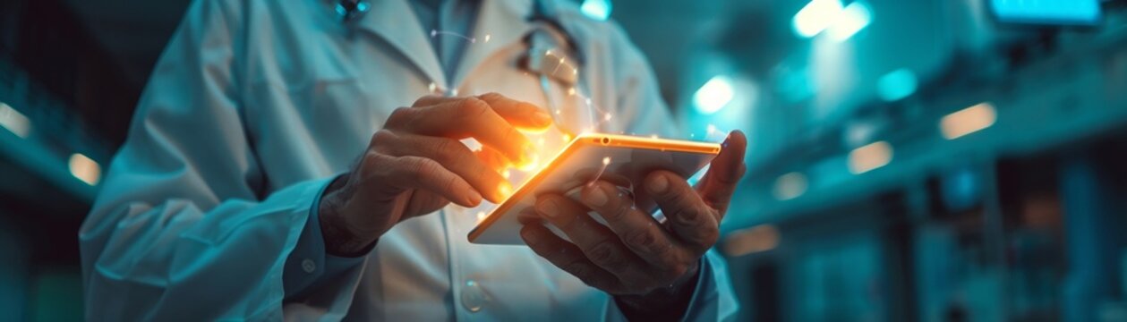  a medical setting Highlight the hands of a healthcare professional holding essential medical equipment with a dramatic lighting effect  
