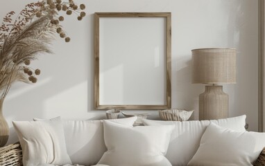 Mockup frame close up in coastal style home interior background, 3d render