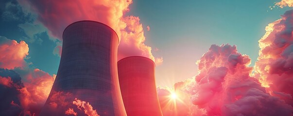 Transform your concept into a dynamic visual with a Dutch angle view of a nuclear power plant looming tall against the sky Include vibrant colors to evoke a sense of power and energy - obrazy, fototapety, plakaty