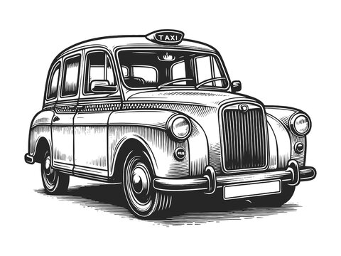 London taxi black cab in an engraving style, capturing the essence of classic British transportation sketch engraving generative ai raster illustration. Scratch board imitation. Black and white image.